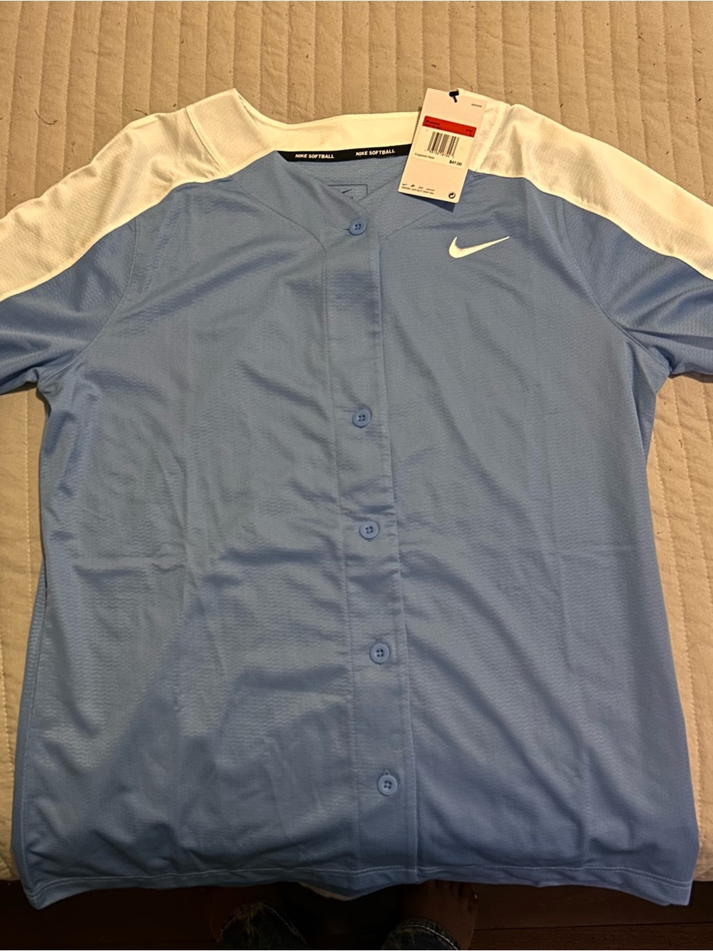 Nike Womenβs Light Blue Baseball Jersey with White Shoulder Panels